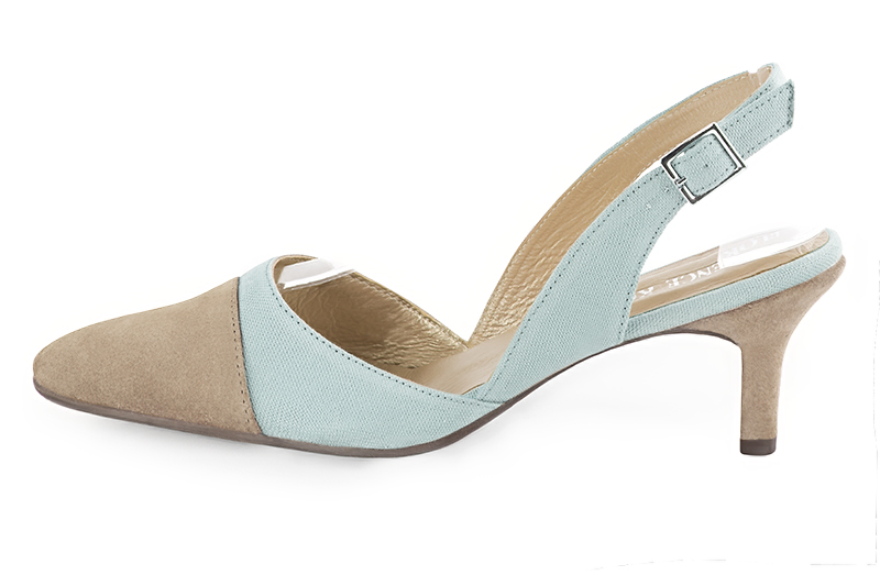 Sand beige and sky blue women's slingback shoes. Tapered toe. Medium slim heel. Profile view - Florence KOOIJMAN